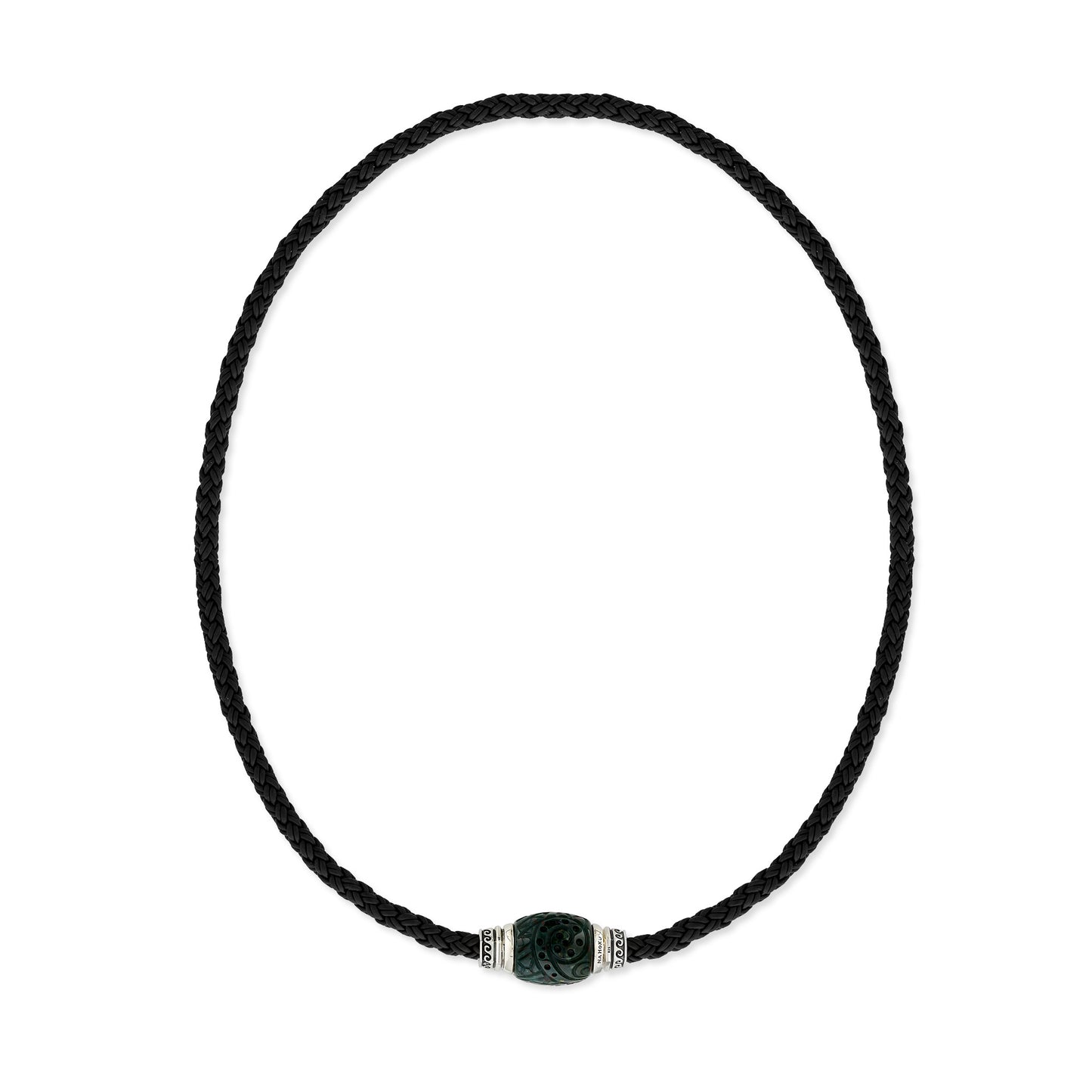 A full view of a black braided leather necklace accented with a carved bloodstone set in sterling silver. Item No. 45295