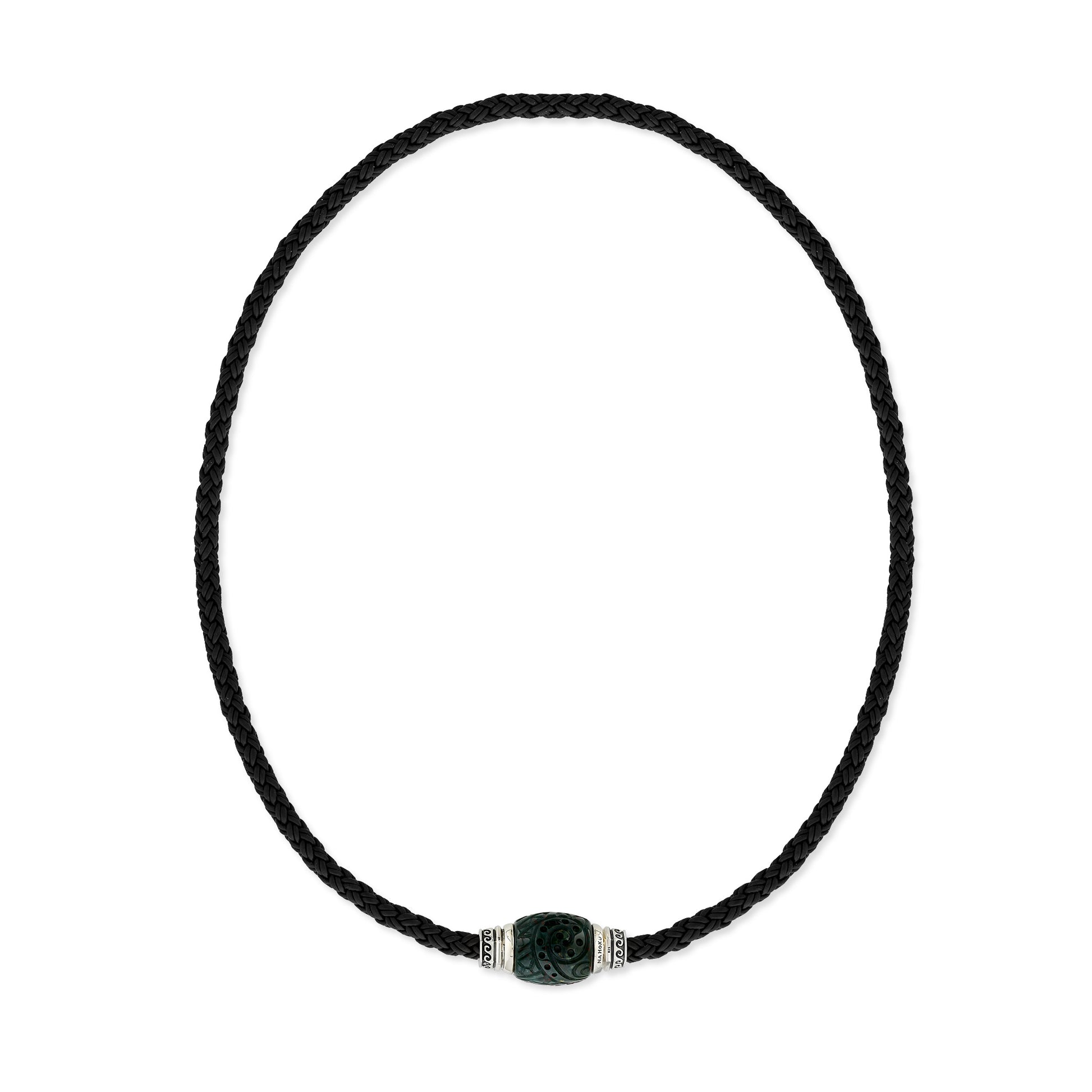 A full view of a black braided leather necklace accented with a carved bloodstone set in sterling silver. Item No. 45295