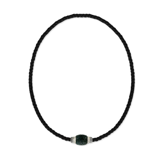 A full view of a black braided leather necklace accented with a carved bloodstone set in sterling silver. Item No. 45295