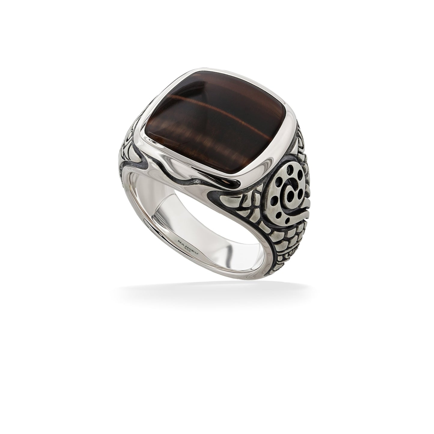 Sterling silver ring set with a rectangular brown tiger’s eye stone and engraved side details. Item No. 45296