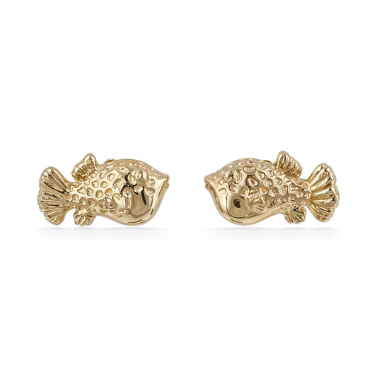 Puffer fish stud earrings with textured detailing, crafted in polished 14k yellow gold. Item No. 45298