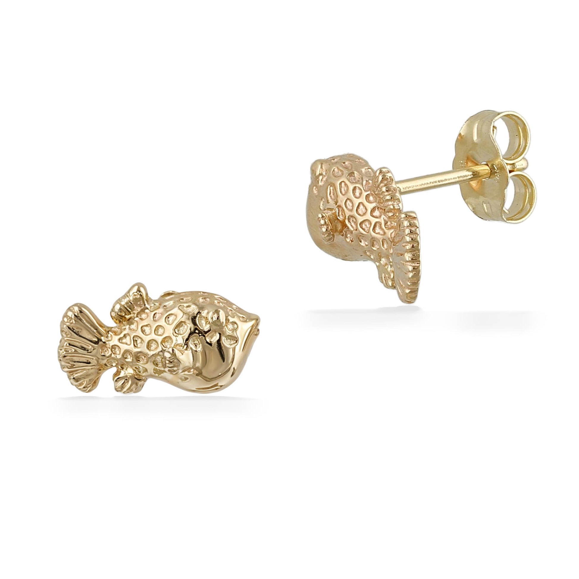 Side view of puffer fish stud earrings showing post and earnut backings in 14k yellow gold. Item No. 45298