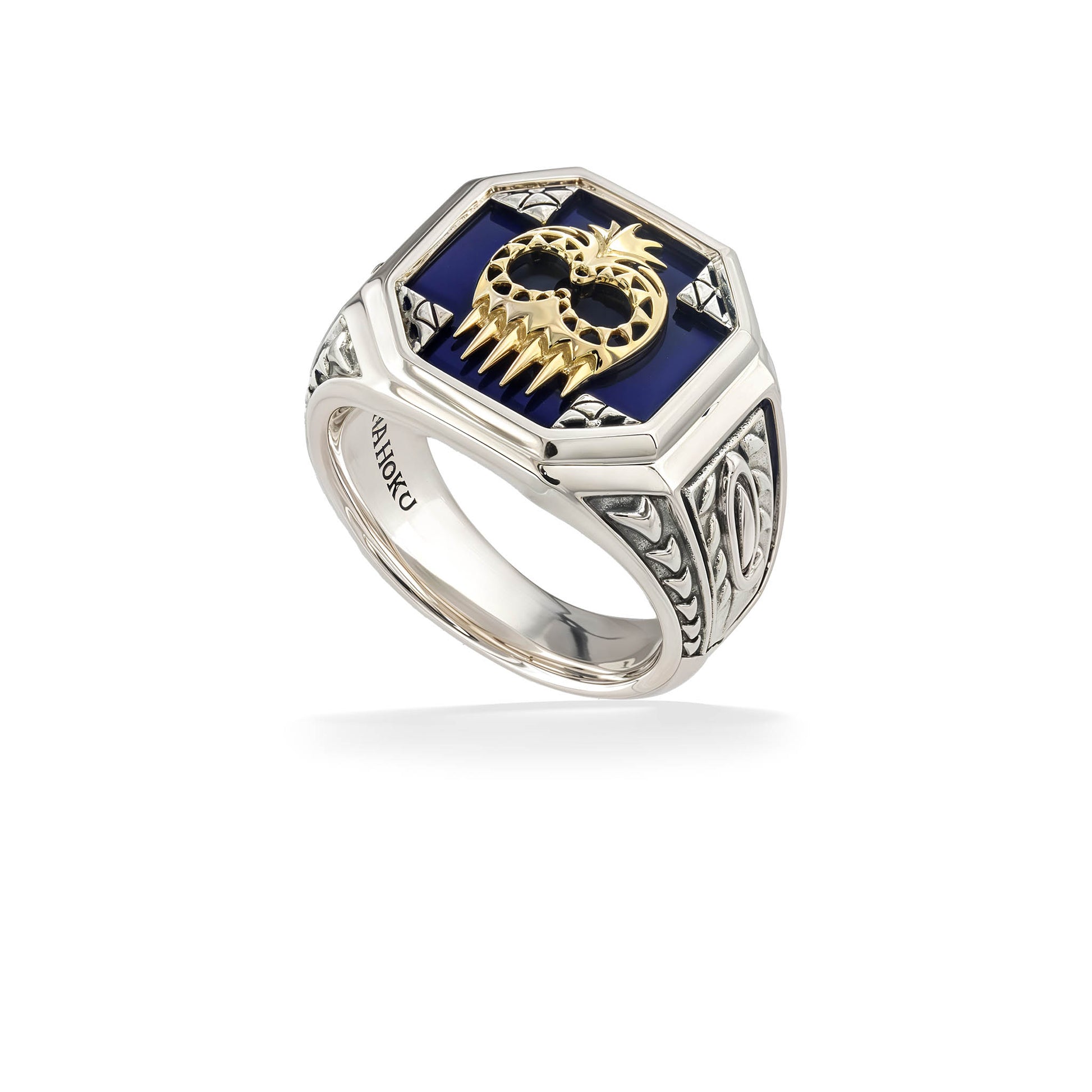 Sterling Silver men’s ring with an Ikaika warrior helmet & black mother of pearl eyes over a blue lapis inlay. Item No. 45303