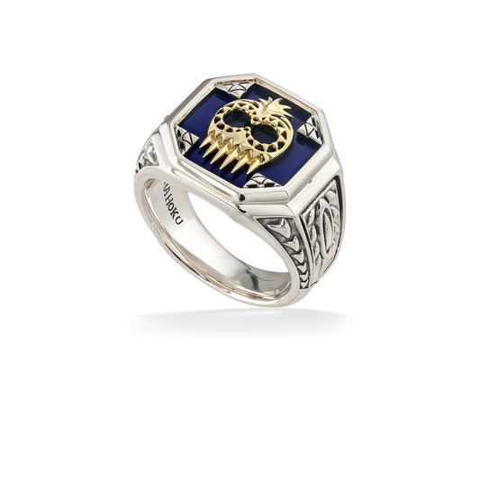 Sterling Silver men’s ring with an Ikaika warrior helmet & black mother of pearl eyes over a blue lapis inlay. Item No. 45303