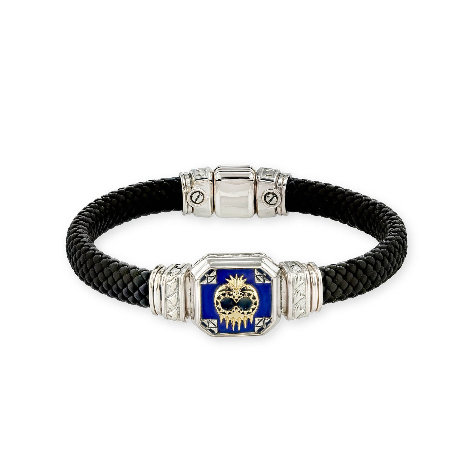 A black braided leather bracelet centered with a silver & gold Ikaika warrior helmet framed by blue lapis. Item No. 45304