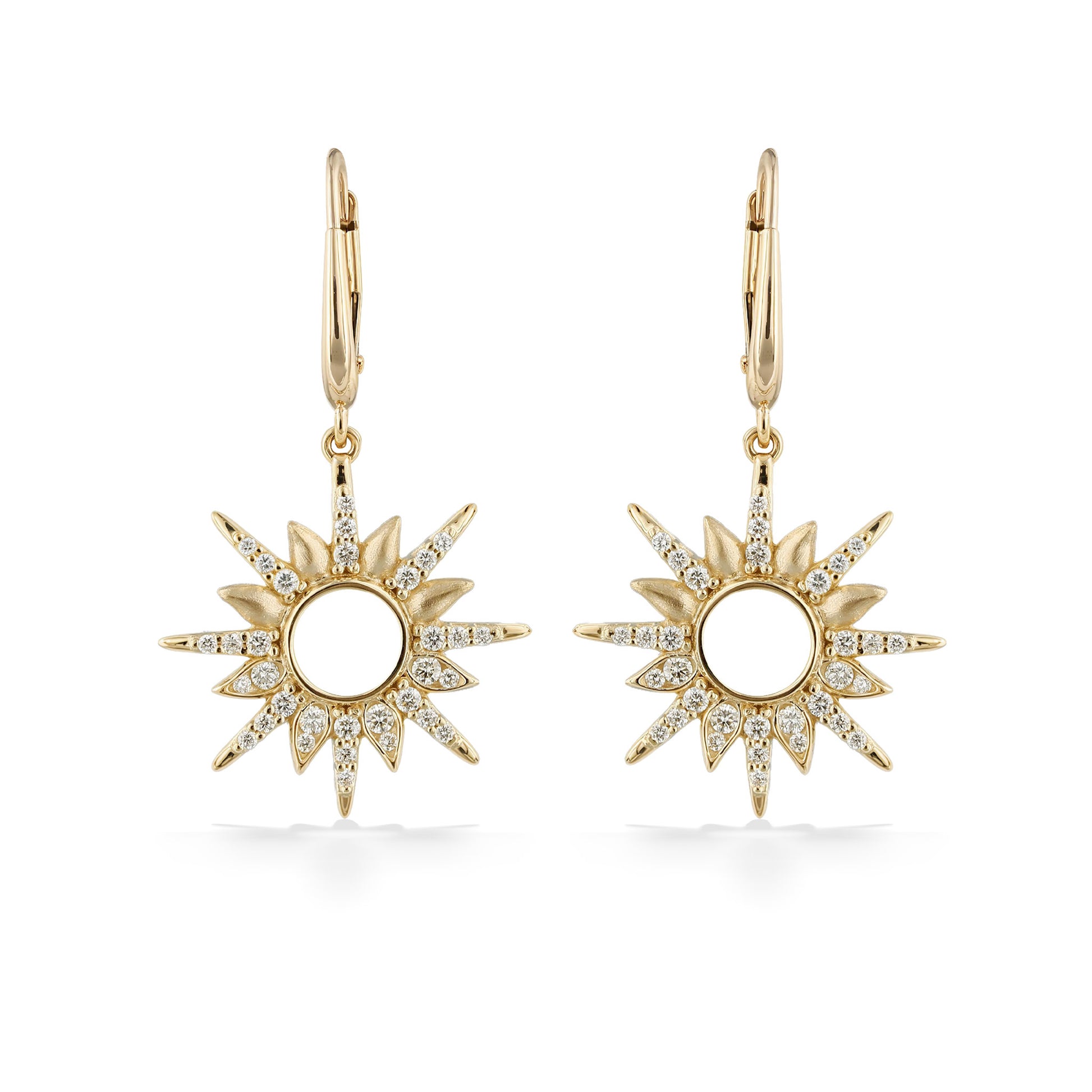 Front view of diamond sunburst leverback earrings featuring radiant yellow gold and sparkling diamond accents. Item No. 45308