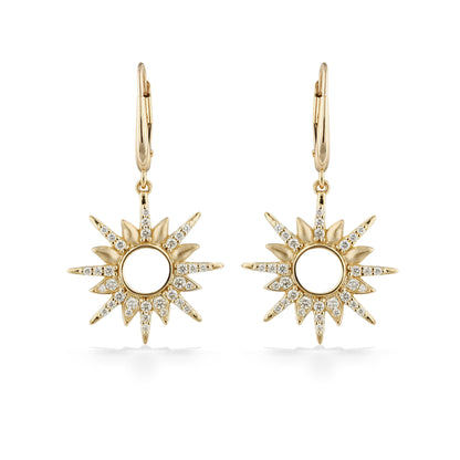 Front view of diamond sunburst leverback earrings featuring radiant yellow gold and sparkling diamond accents. Item No. 45308