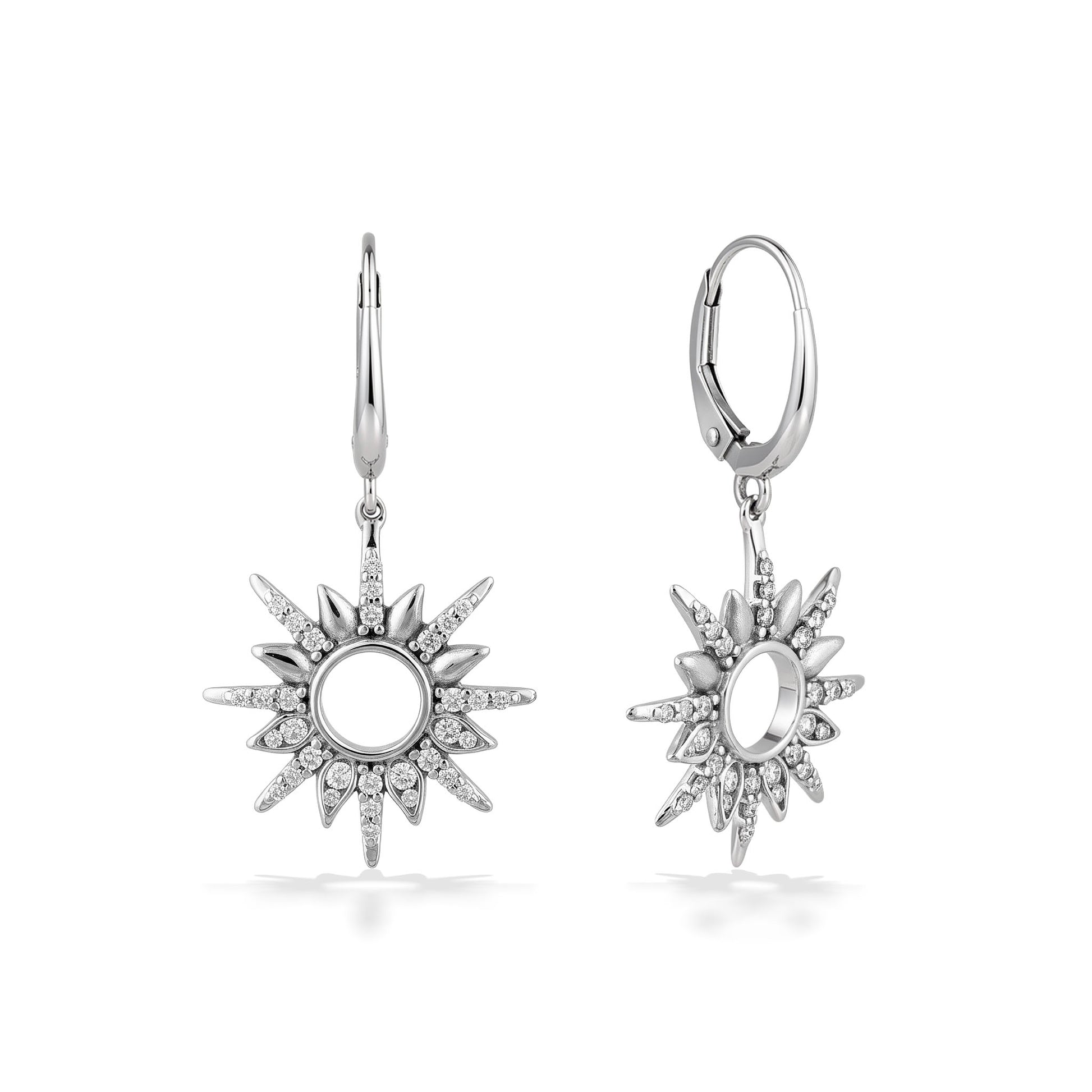 Sunburst-style leverback earrings in 14k white gold with open center and diamond accents. Item No. 45309