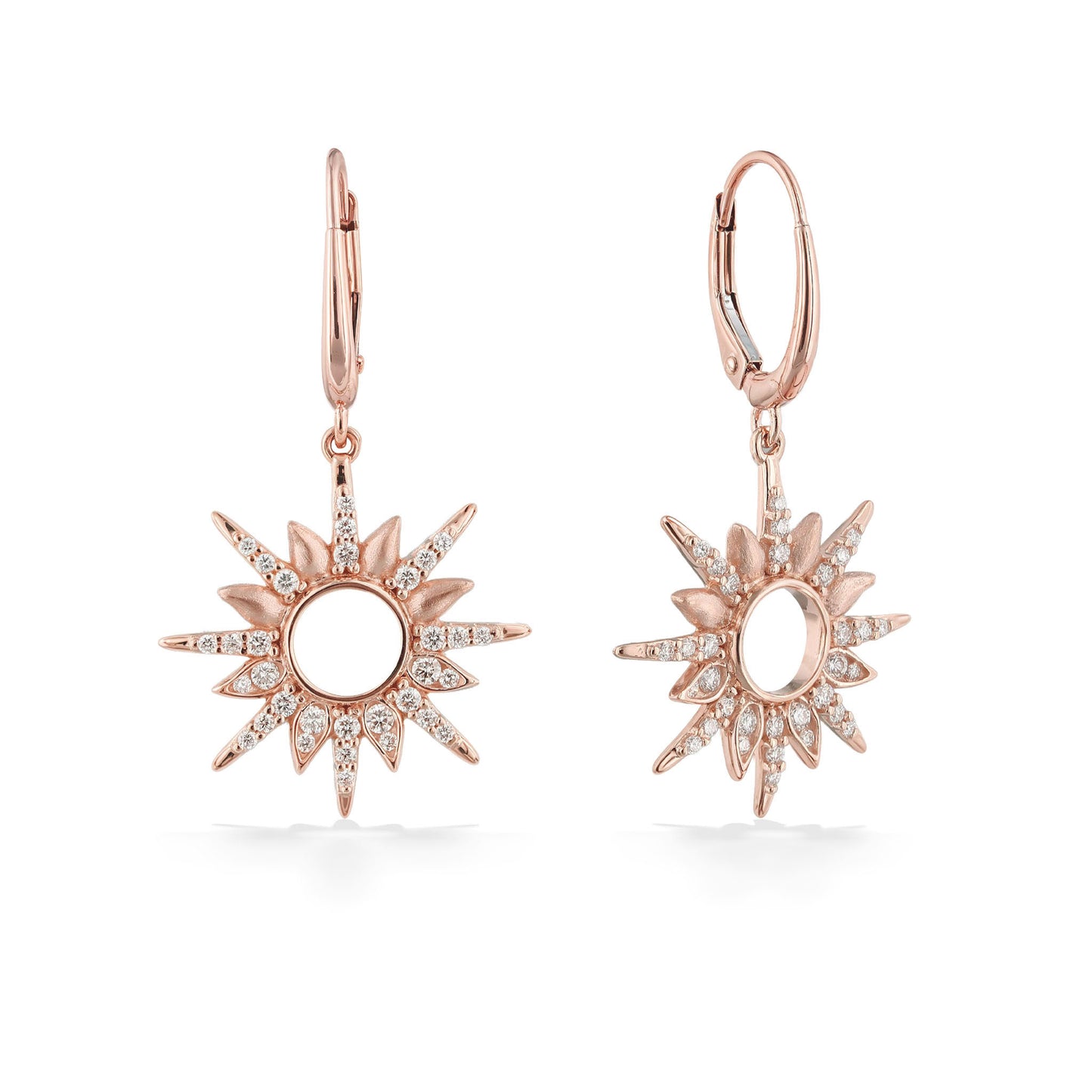 Radiating sunburst earrings in rose gold showcase diamond-accented rays surrounding an open circular center. Item No. 45310