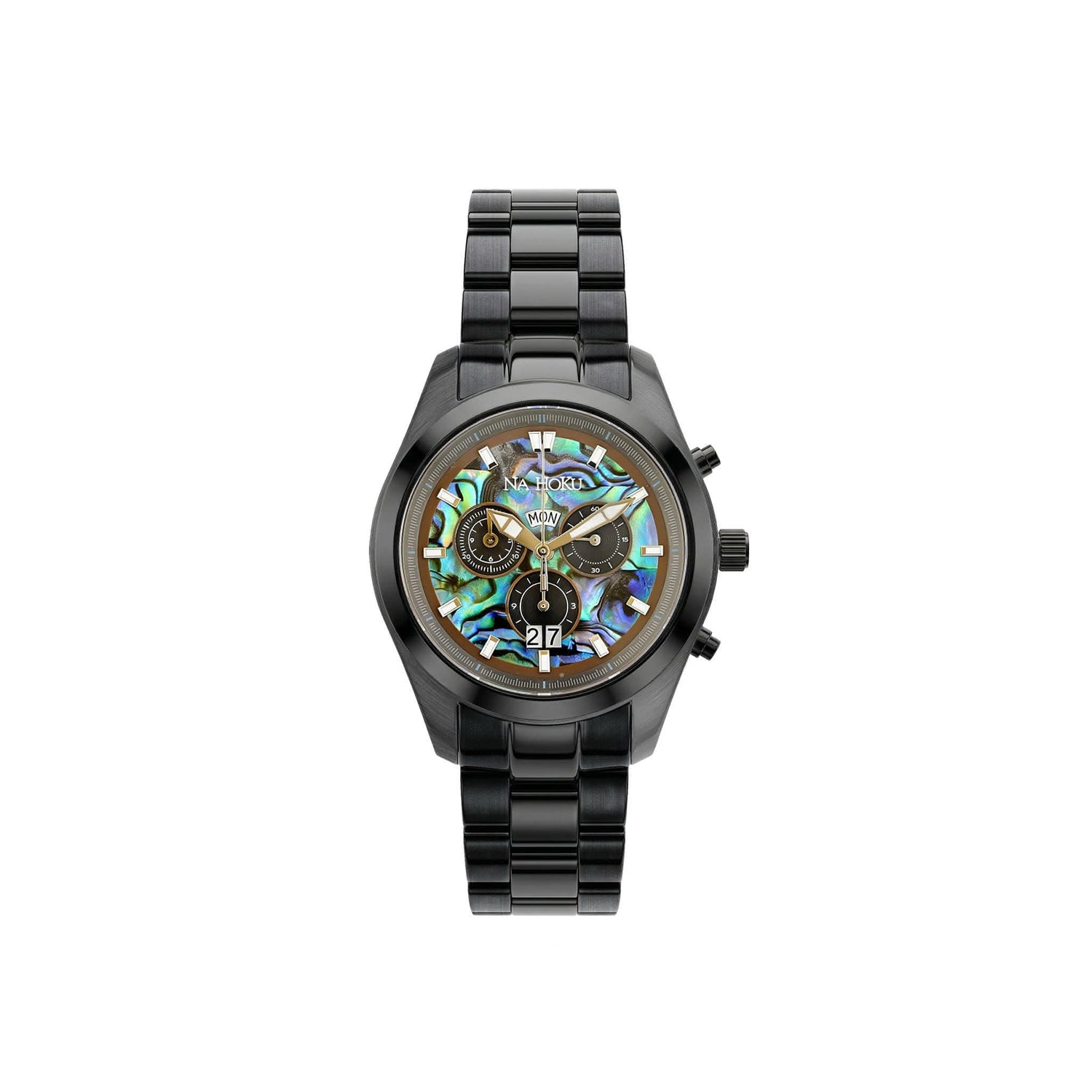 Black stainless steel chronograph watch with abalone inlaid dial and black subdials. Item No. 774304