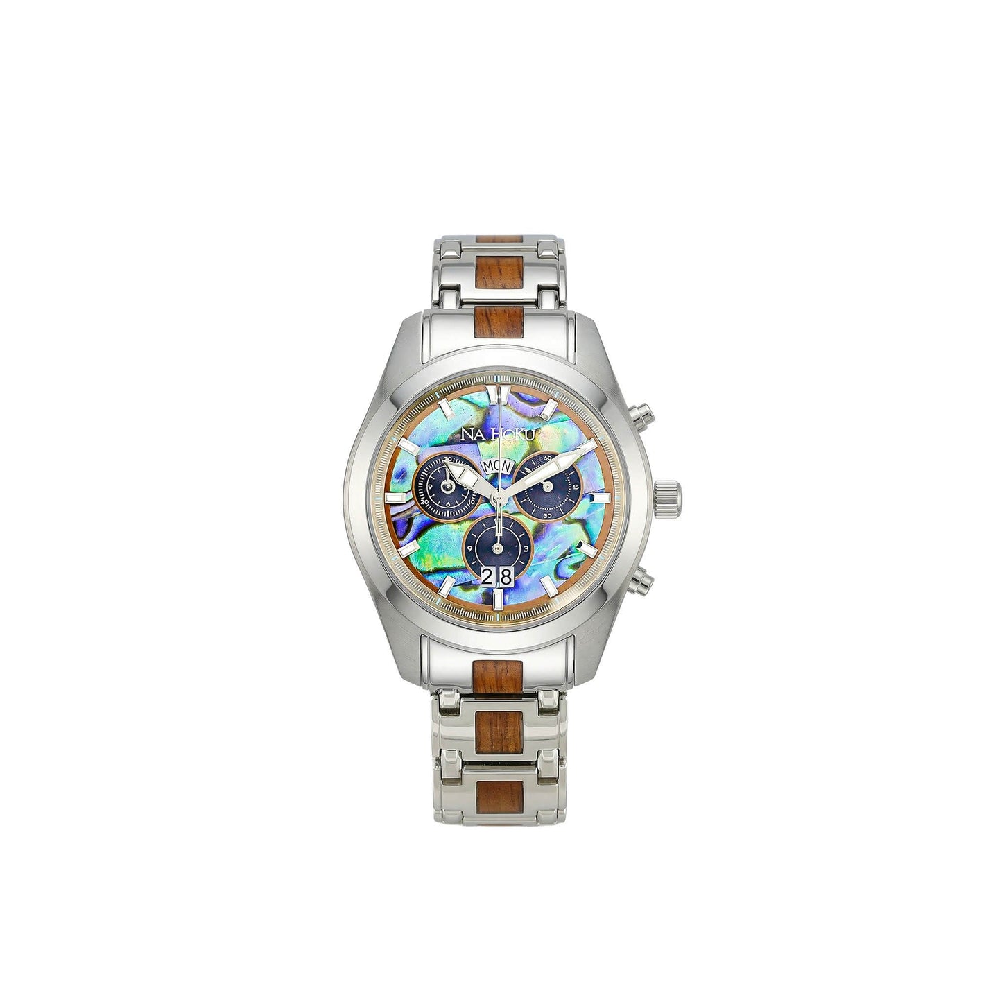 Stainless steel watch featuring abalone face with black chronograph subdials and koa wood inlaid links . Item No. 774305