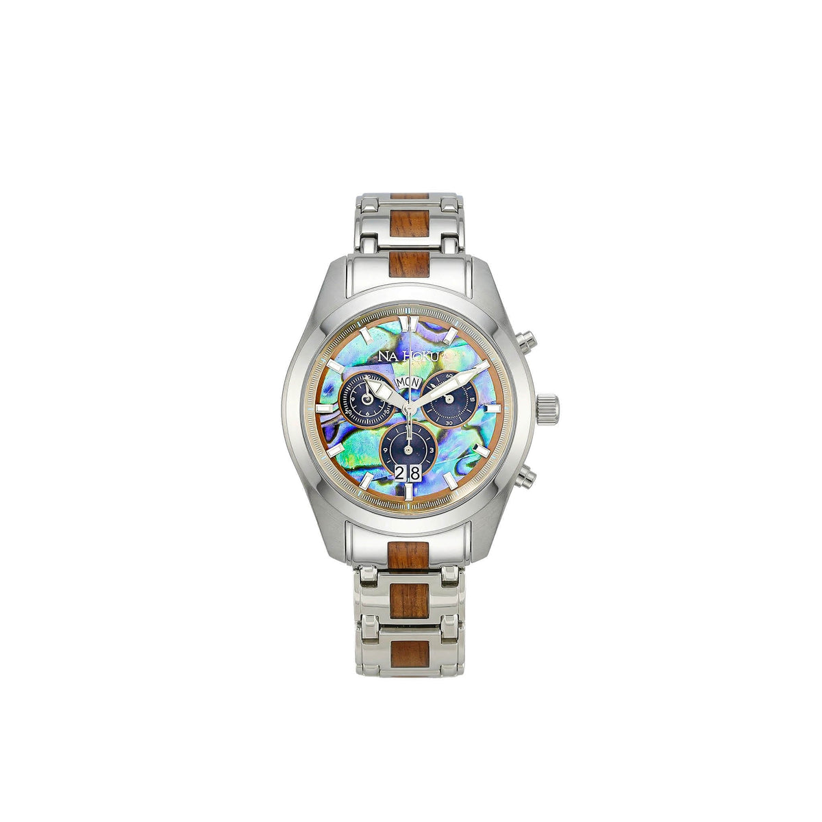 Stainless steel watch featuring abalone face with black chronograph subdials and koa wood inlaid links . Item No. 774305
