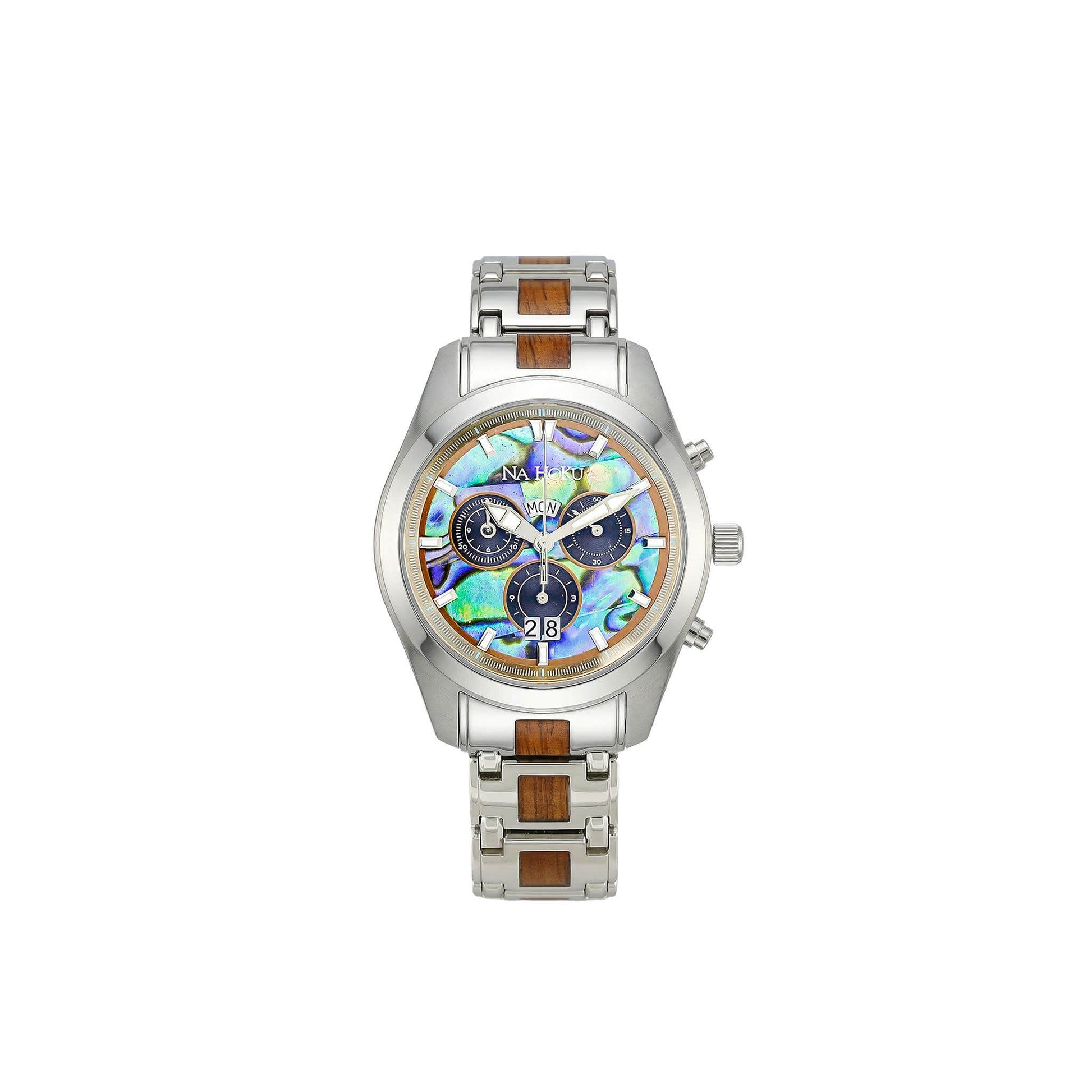 Stainless steel watch featuring abalone face with black chronograph subdials and koa wood inlaid links . Item No. 774305