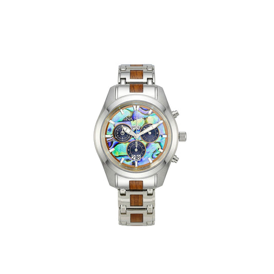 Stainless steel watch featuring abalone face with black chronograph subdials and koa wood inlaid links . Item No. 774305