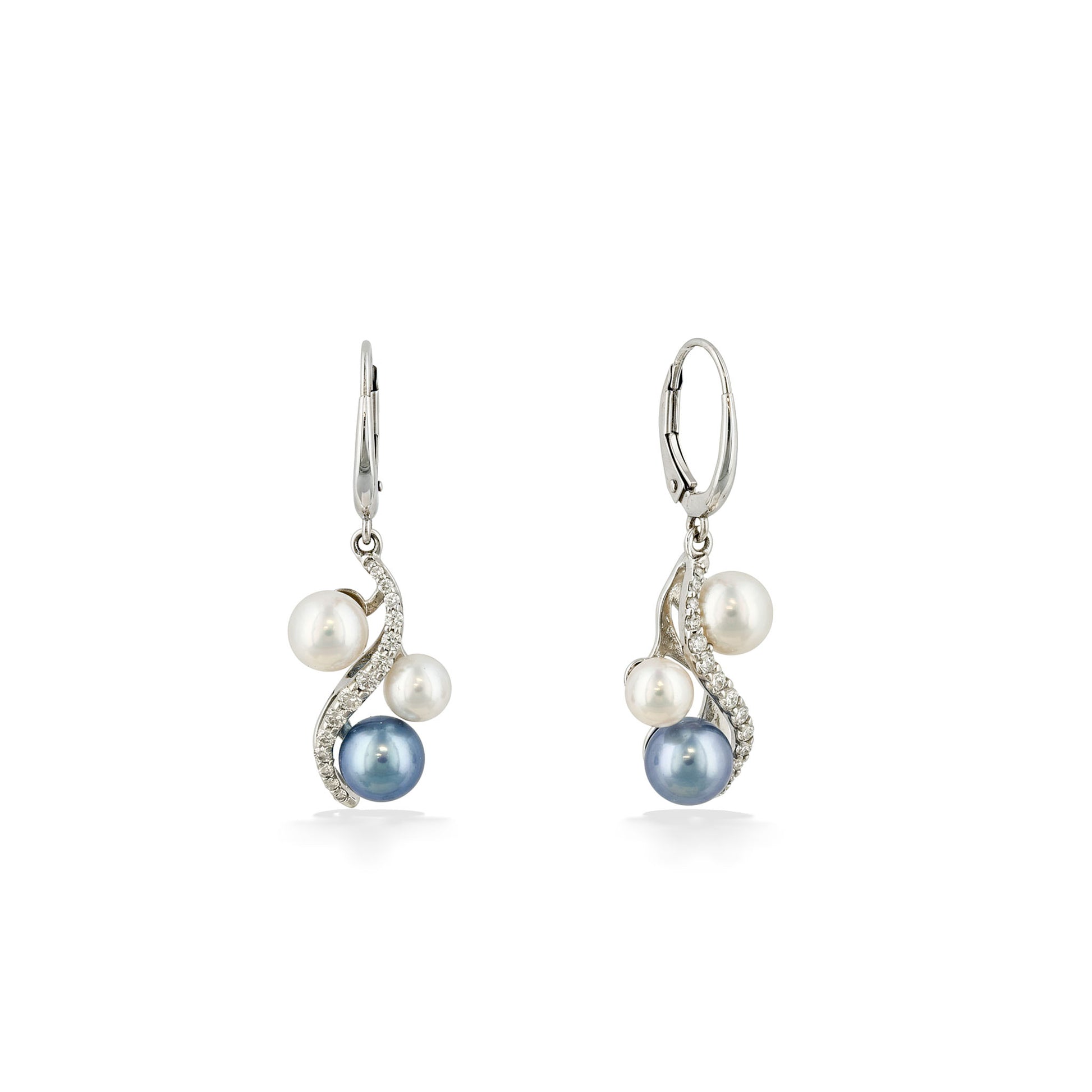 White gold tidepool leverback earrings with blue & white Akoya pearls accented by diamonds in a flowy design. Item No. 45343