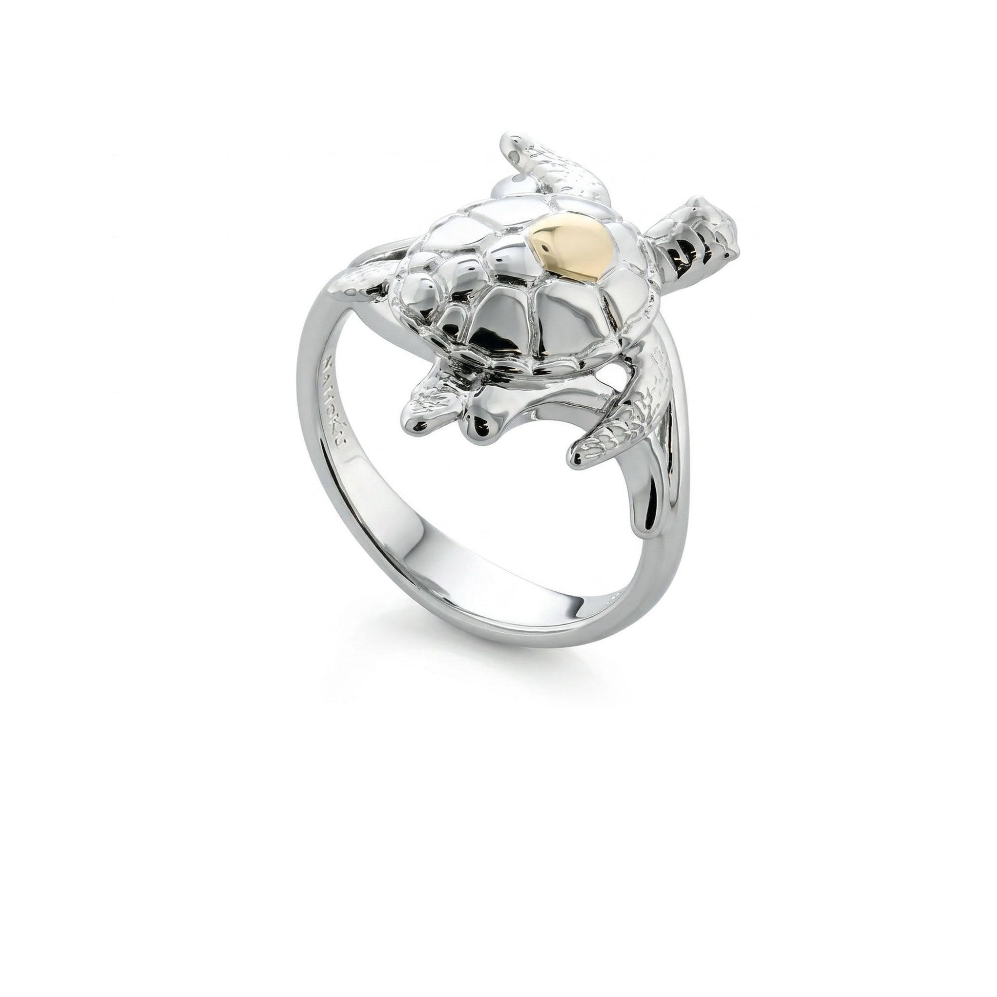 Sterling silver Hawaiian sea turtle ring with and 14K yellow gold accent, size 7, by Na Hoku. Item No. 45347