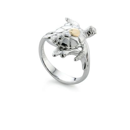 Sterling silver Hawaiian sea turtle ring with and 14K yellow gold accent, size 7, by Na Hoku. Item No. 45347