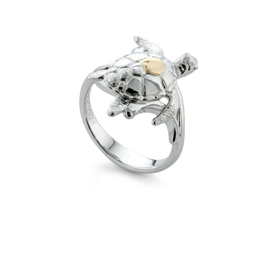 Sterling silver Hawaiian sea turtle ring with and 14K yellow gold accent, size 7, by Na Hoku. Item No. 45347