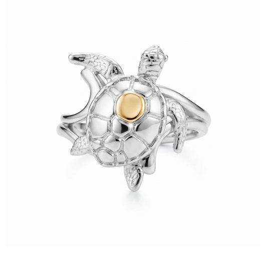 Top view of the sterling silver Hawaiian sea turtle ring with and 14K yellow gold accent. Item No. 45347