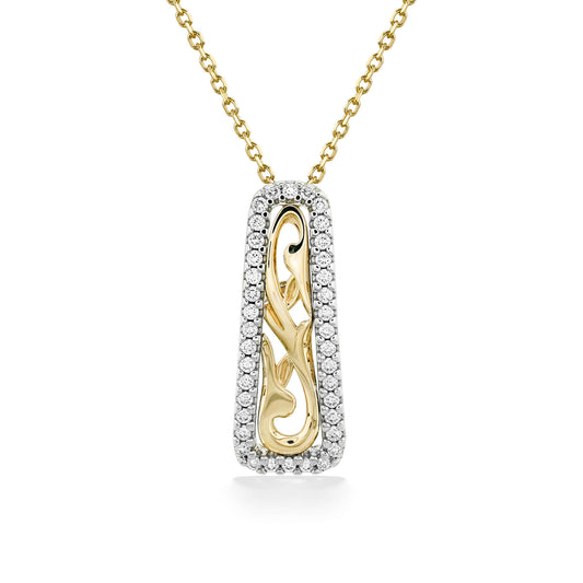An elongated pendant showcases flowing gold scrollwork framed by pavé-set diamonds on a yellow gold chain. Item No. 45329