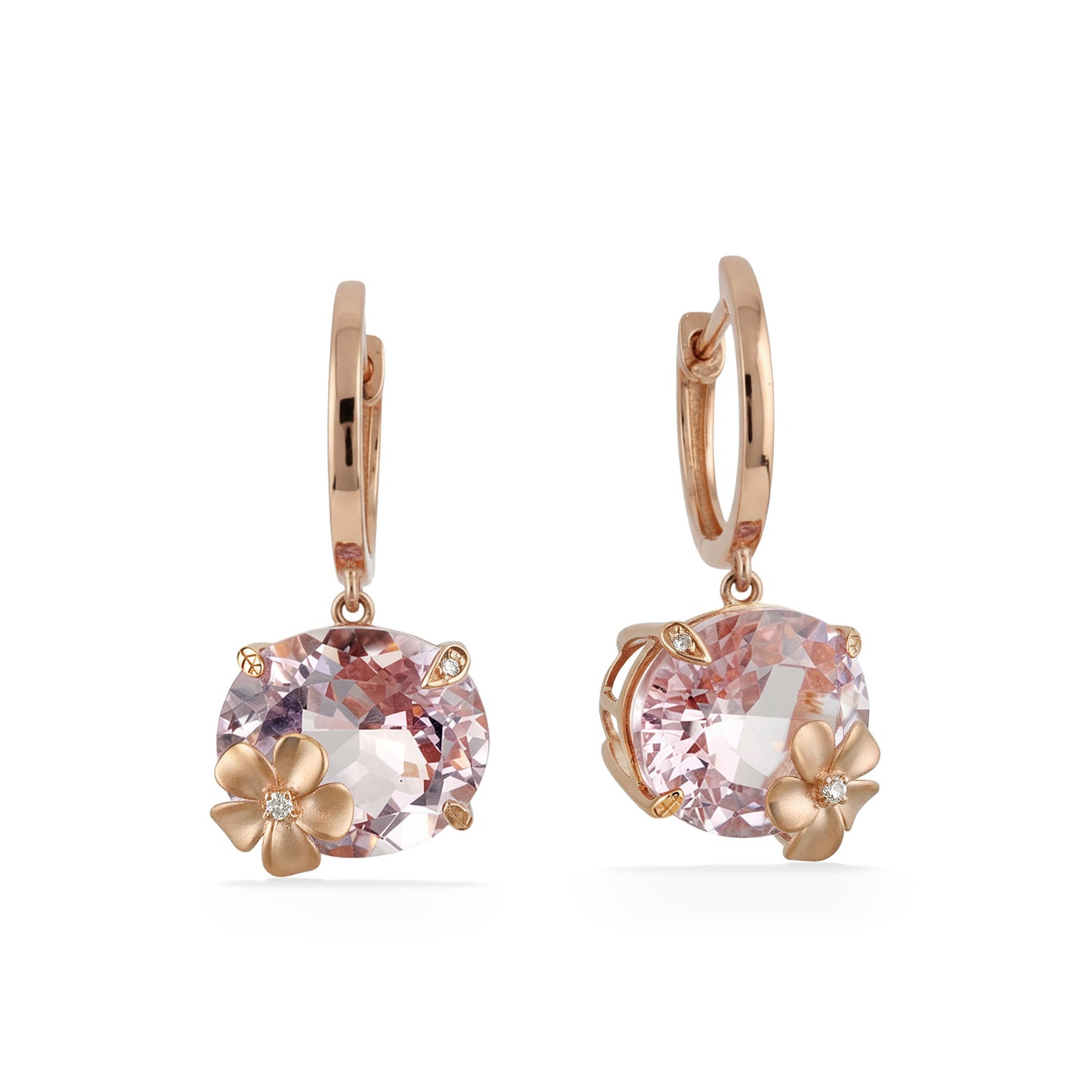 Rose gold hooplet earrings featuring oval pink amethyst gems with plumeria accents & small diamond details. Item No. 774324