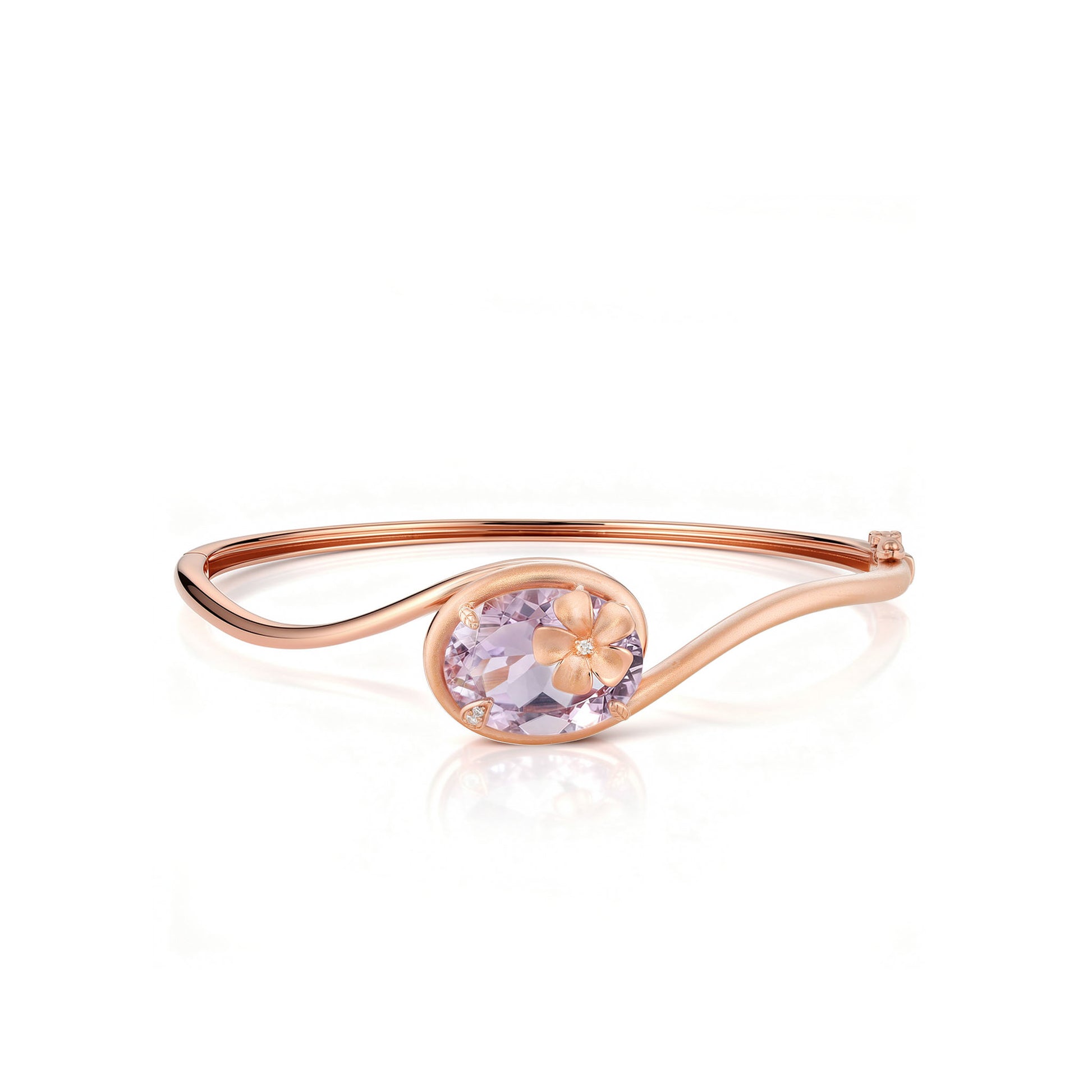 Refined rose gold hinged bangle with a luminous pink amethyst centerpiece, plumeria motif & diamond accents. Item No. 774325