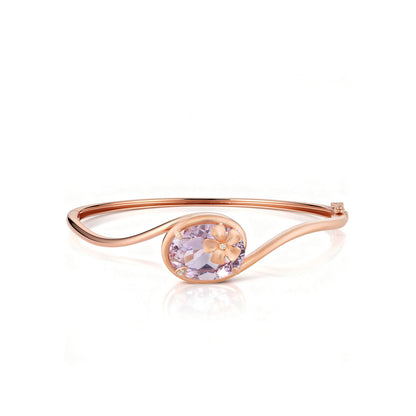 Refined rose gold hinged bangle with a luminous pink amethyst centerpiece, plumeria motif & diamond accents. Item No. 774325