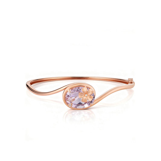 Refined rose gold hinged bangle with a luminous pink amethyst centerpiece, plumeria motif & diamond accents. Item No. 774325