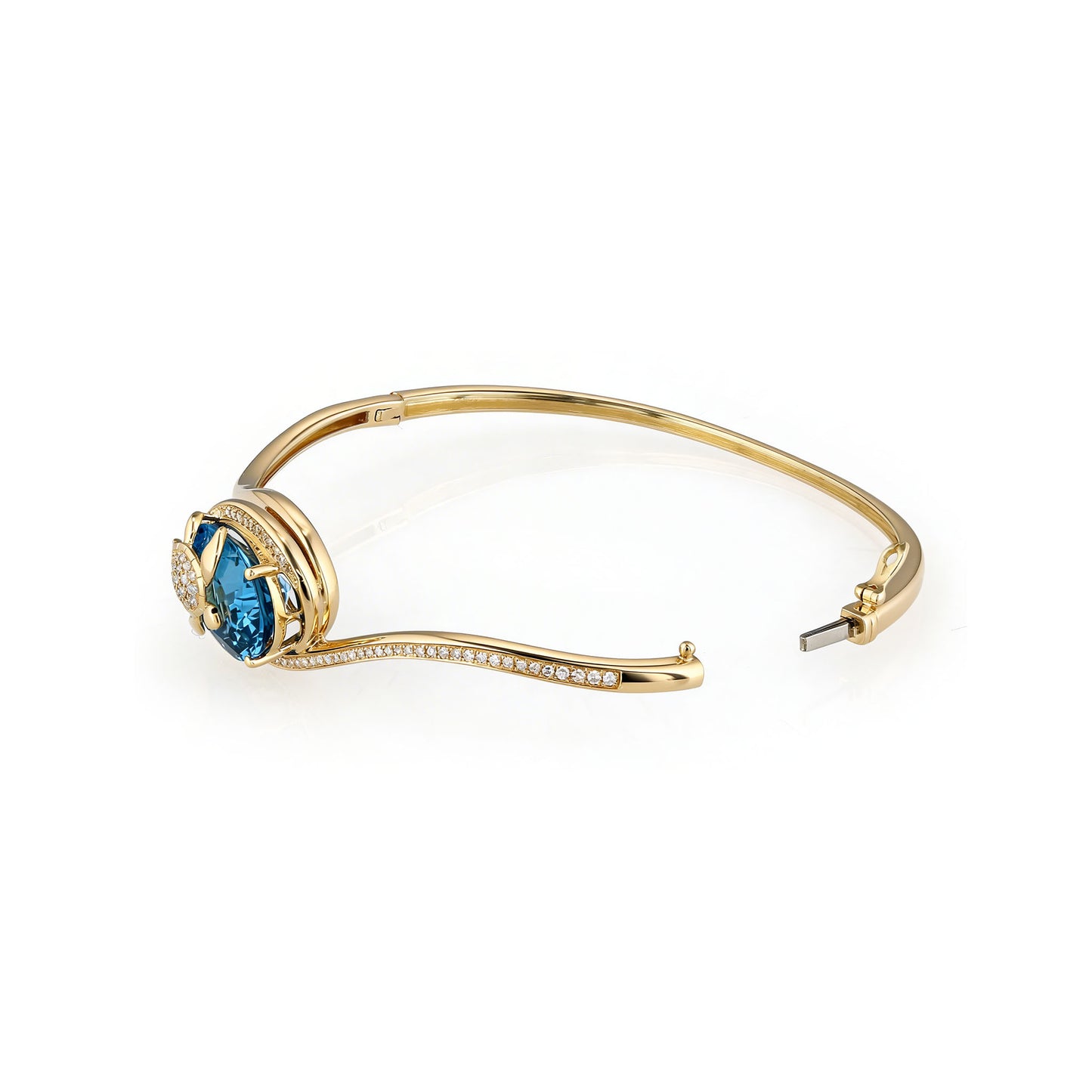 Side view of gold turtle bangle with blue topaz, focusing on the hinged clasp with a 14k white gold tongue. Item No. 774326