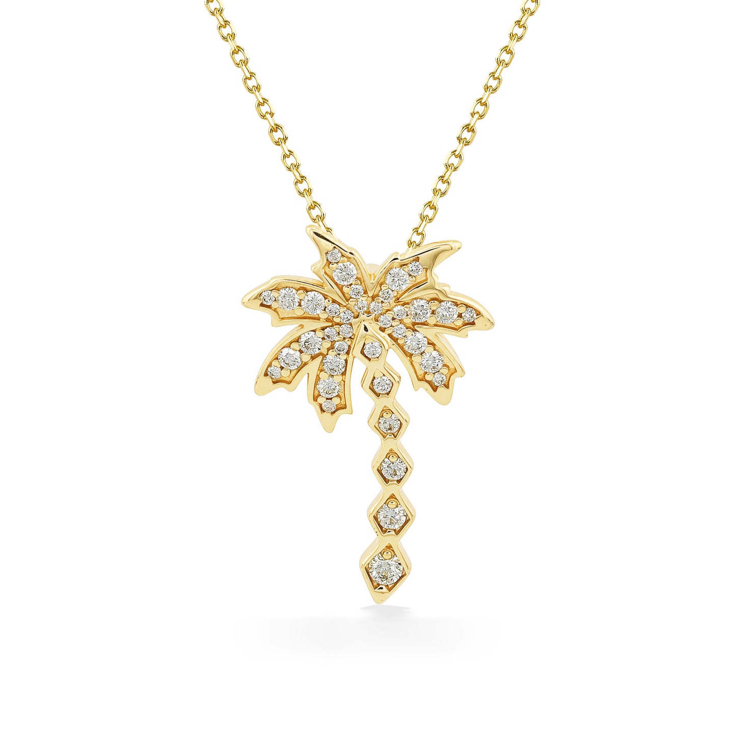 Diamond palm tree necklace crafted in yellow gold with a cascading gemstone trunk design. Item No. 45351
