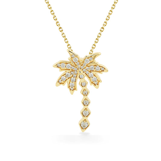 Diamond palm tree necklace crafted in yellow gold with a cascading gemstone trunk design. Item No. 45351