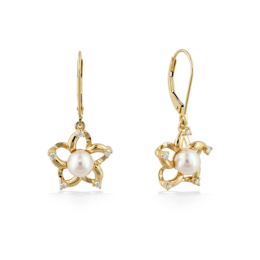 Yellow gold open petal floating plumeria leverback earrings with white akoya pearls and diamond accents. Item No. 45353