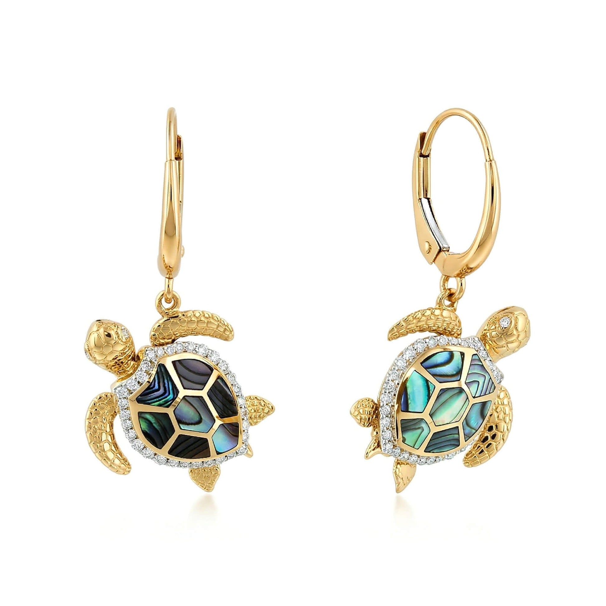 Sea Turtle earrings with abalone shell inlay and diamond accents in gold, highlighting the  leverbacks. Item No. 45359