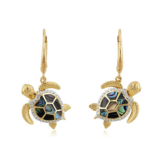 Front view of gold turtle earrings featuring intricate details, abalone shell inlay and diamond edged shell. Item No. 45359 