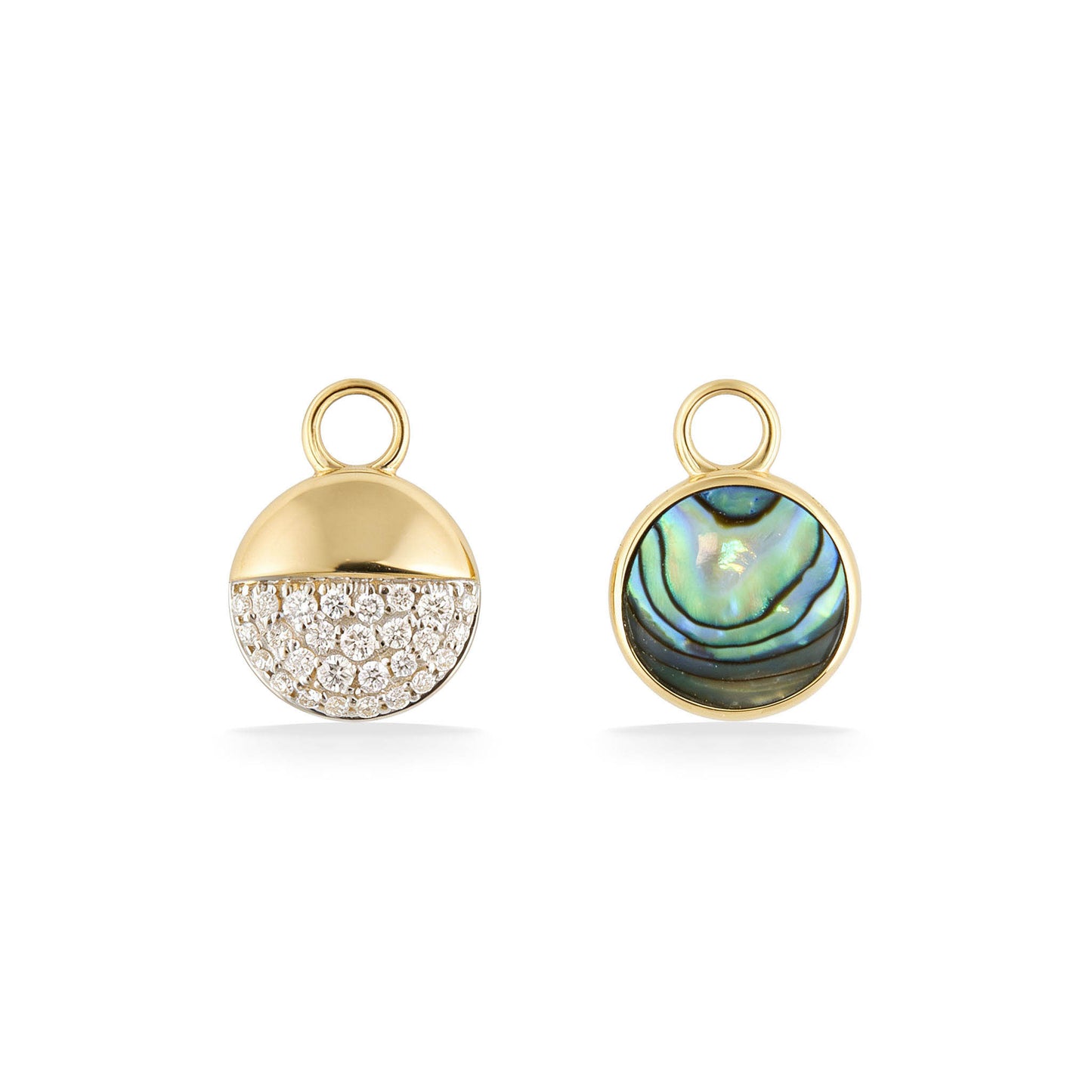 Petite Horizon Earring Charms showing abalone inlay and diamond details in 14K yellow gold. Item No. 45398