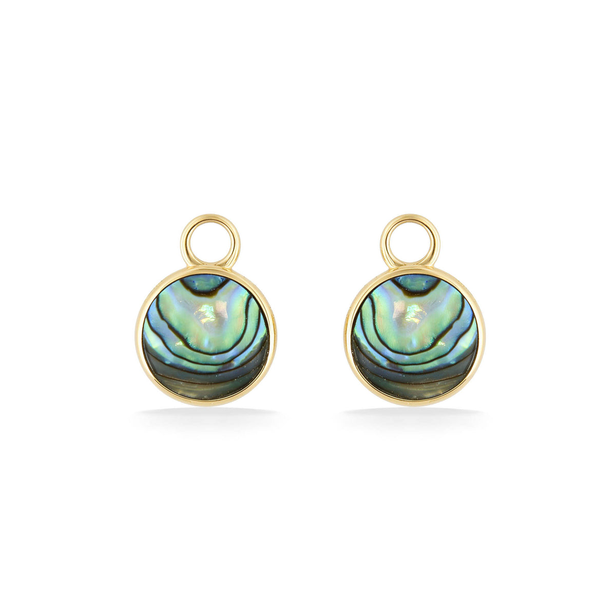 Round Petite Horizon Earring Charm in 14K yellow gold with abalone inlay. Item No. 45398