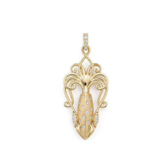 Intricate giant squid pendant made in 14k yellow gold with diamond accents on its head and on the bail. Item No. 45363