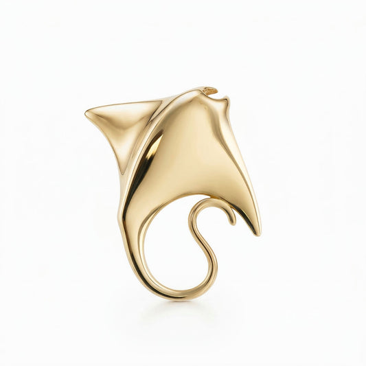 Manta ray pendant made in 14k yellow gold with a smooth polished finish and fluid curved design. Item No. 45366