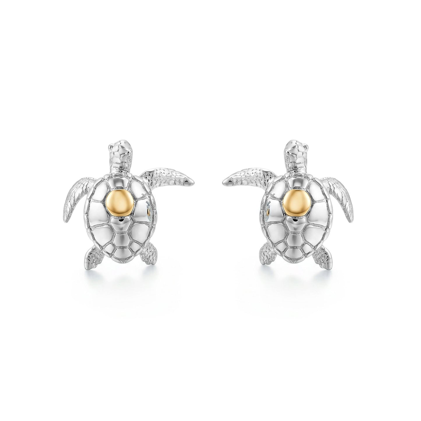 Sterling silver and 14K yellow gold petite sea turtle stud earrings, top view. Item No. 45365