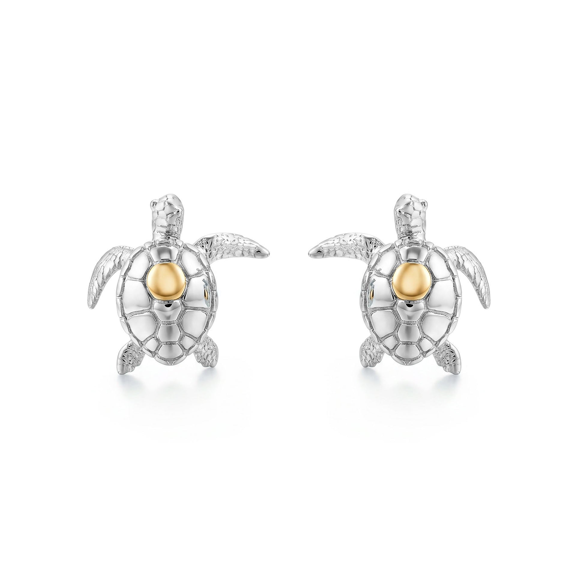 Sterling silver and 14K yellow gold petite sea turtle stud earrings, top view. Item No. 45365
