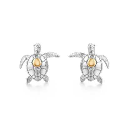 Sterling silver and 14K yellow gold petite sea turtle stud earrings, top view. Item No. 45365