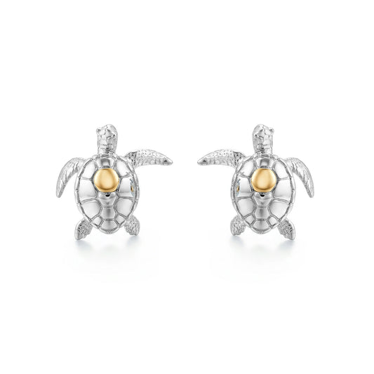 Sterling silver and 14K yellow gold petite sea turtle stud earrings, top view. Item No. 45365