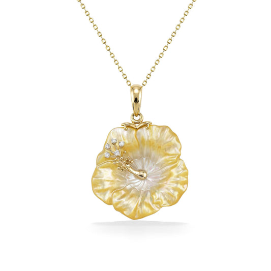 Yellow gold hibiscus pendant made in golden mother of pearl and diamond accented stamen. Item No. 45368