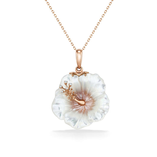 White and pink mother of pearl 14k rose gold hibiscus pendant with a diamond detail stamen. Item No. 45369
