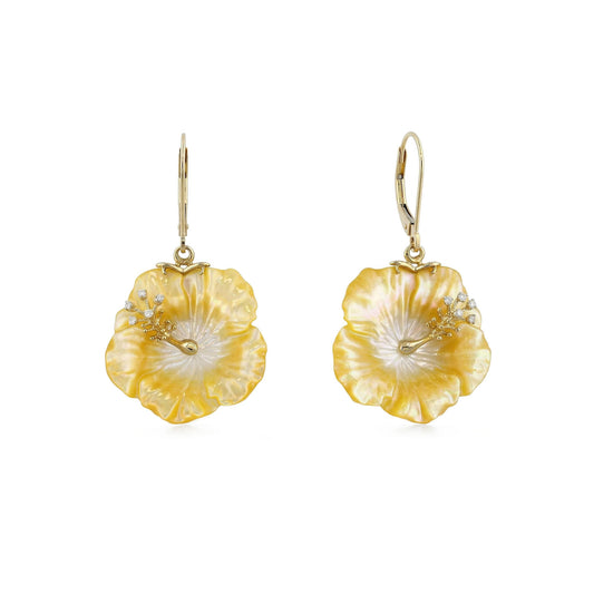 Leverback hibiscus earrings in 14k yellow gold with iridescent mother of pearl and diamond stamen. Item No. 45370