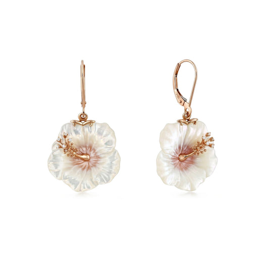 Rose gold hibiscus drop leverback earrings with white mother of pearl and diamond accent stamen. Item No. 45371