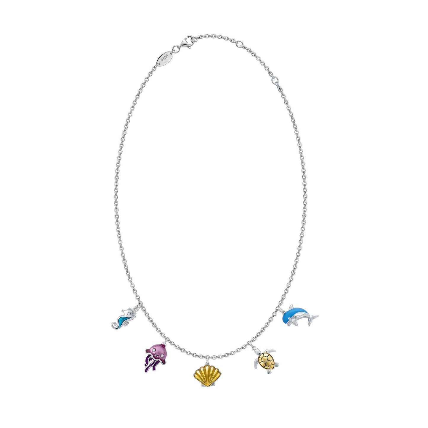 Sterling silver Na Keiki children's Ocean Life charm necklace with colorful enamel sea life charms. Item No. 45379