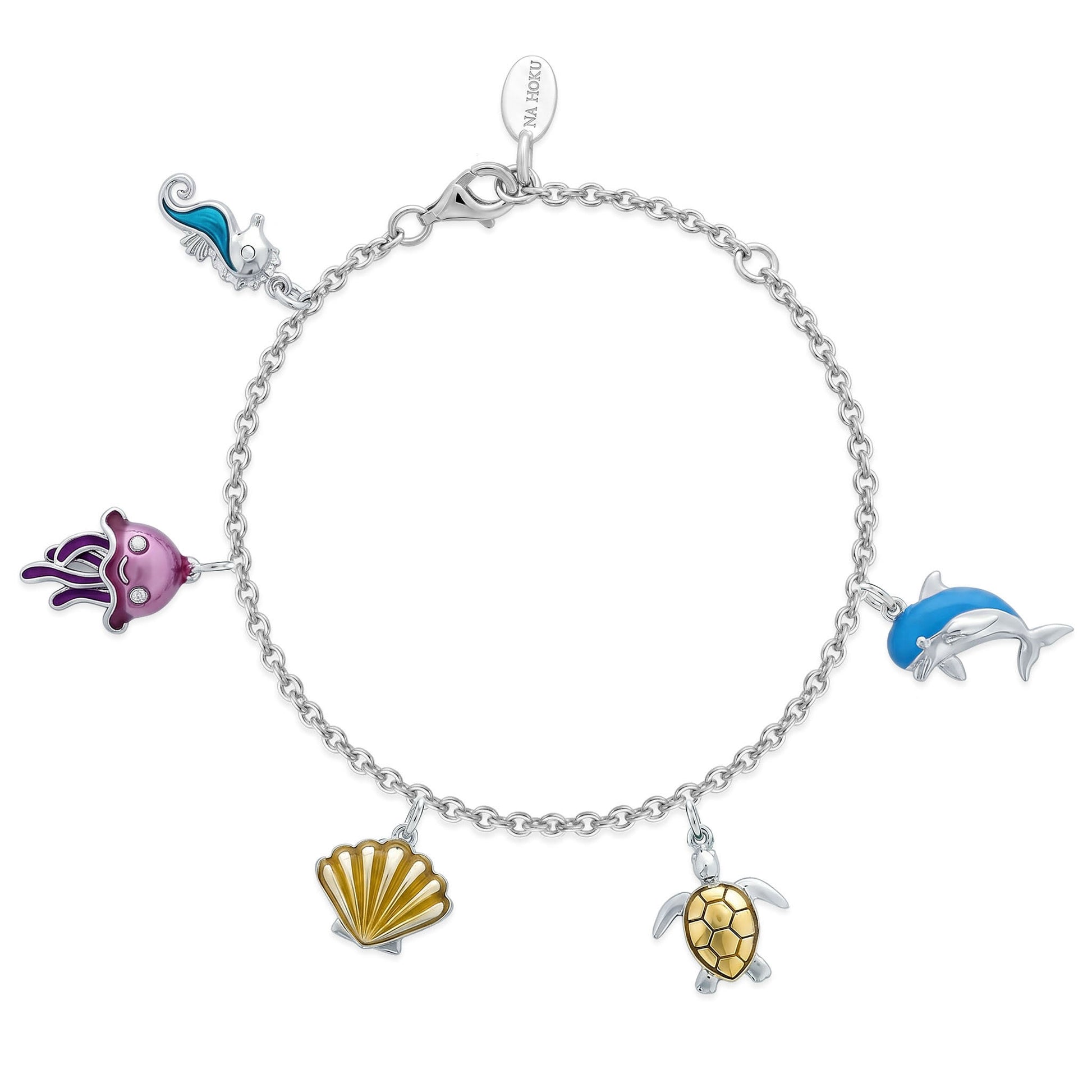 Sterling silver Na Keiki children's Ocean Life charm bracelet with colorful enamel sea life charms. Item No. 45380