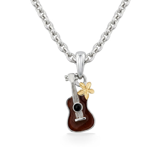 Sterling silver and 14K gold children's ukulele and plumeria pendant with adjustable chain. Item No. 45381