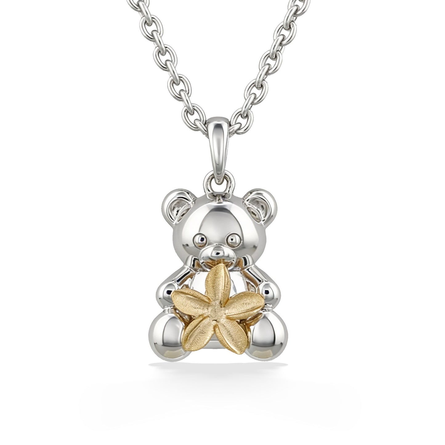 Sterling silver teddy bear holding a 14K yellwo gold plumeria pendant with chain. Item No. 45382